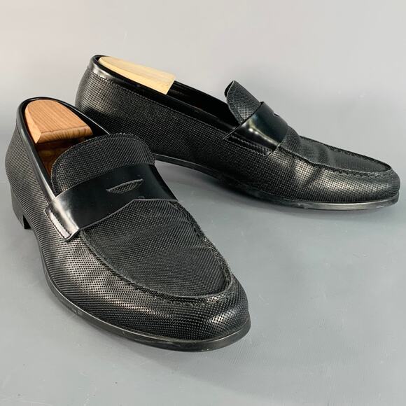 GIORGIO ARMANI Size 10 Black Textured Leather Slip On Penny Loafers - Picture 1 of 9